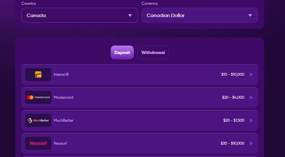 Make quick deposits using Canadian payment options