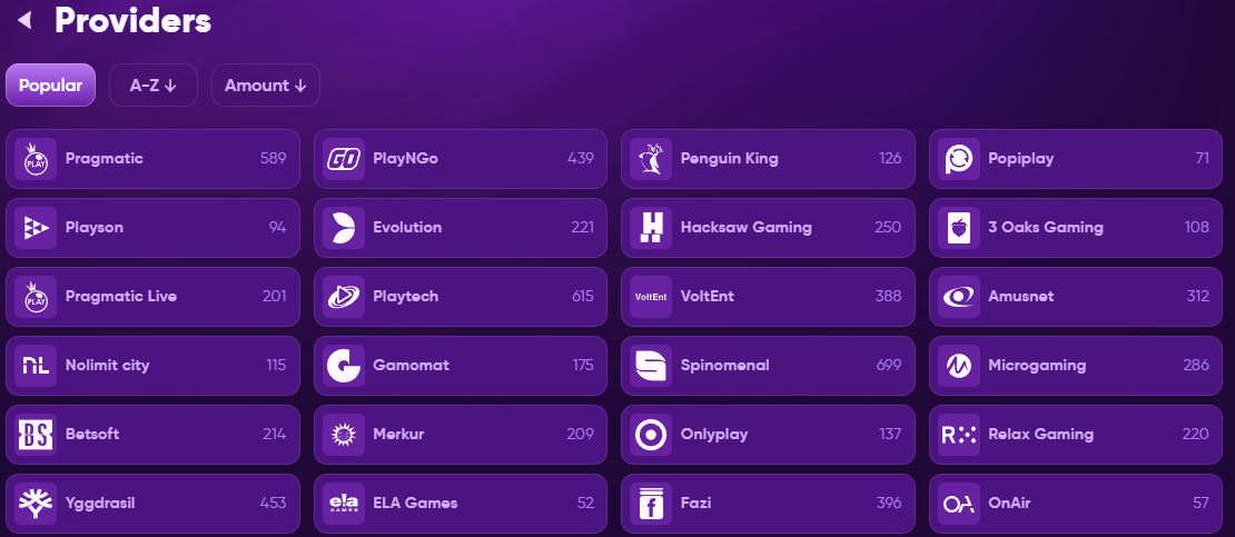 Browse popular game providers list at Kingmaker